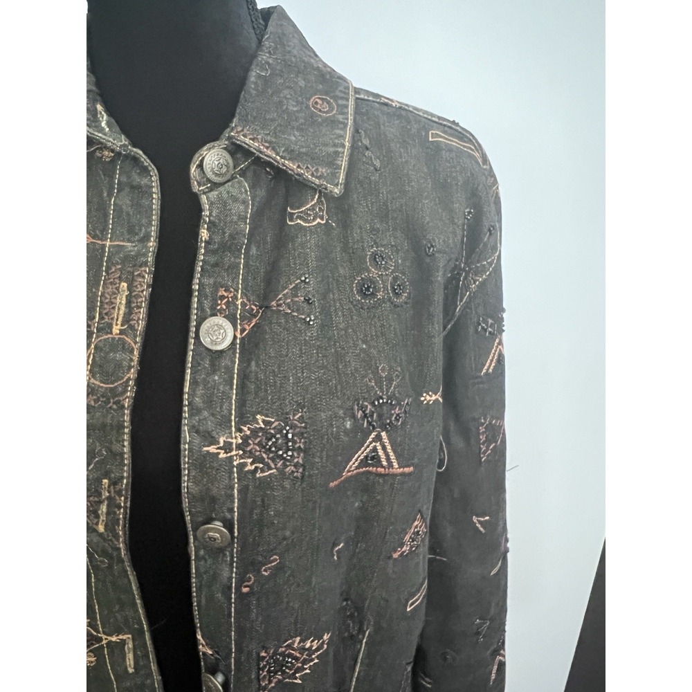Chicos Size 2 Washed Black Embroidered Beaded Silk Lined Denim Jacket Cotton - Picture 3 of 9